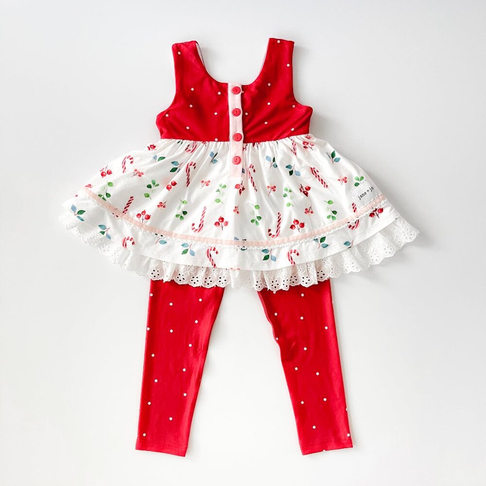 Jane + Jo Red and White Floral Candy Cane Sleeveless Christmas Top and Leggings